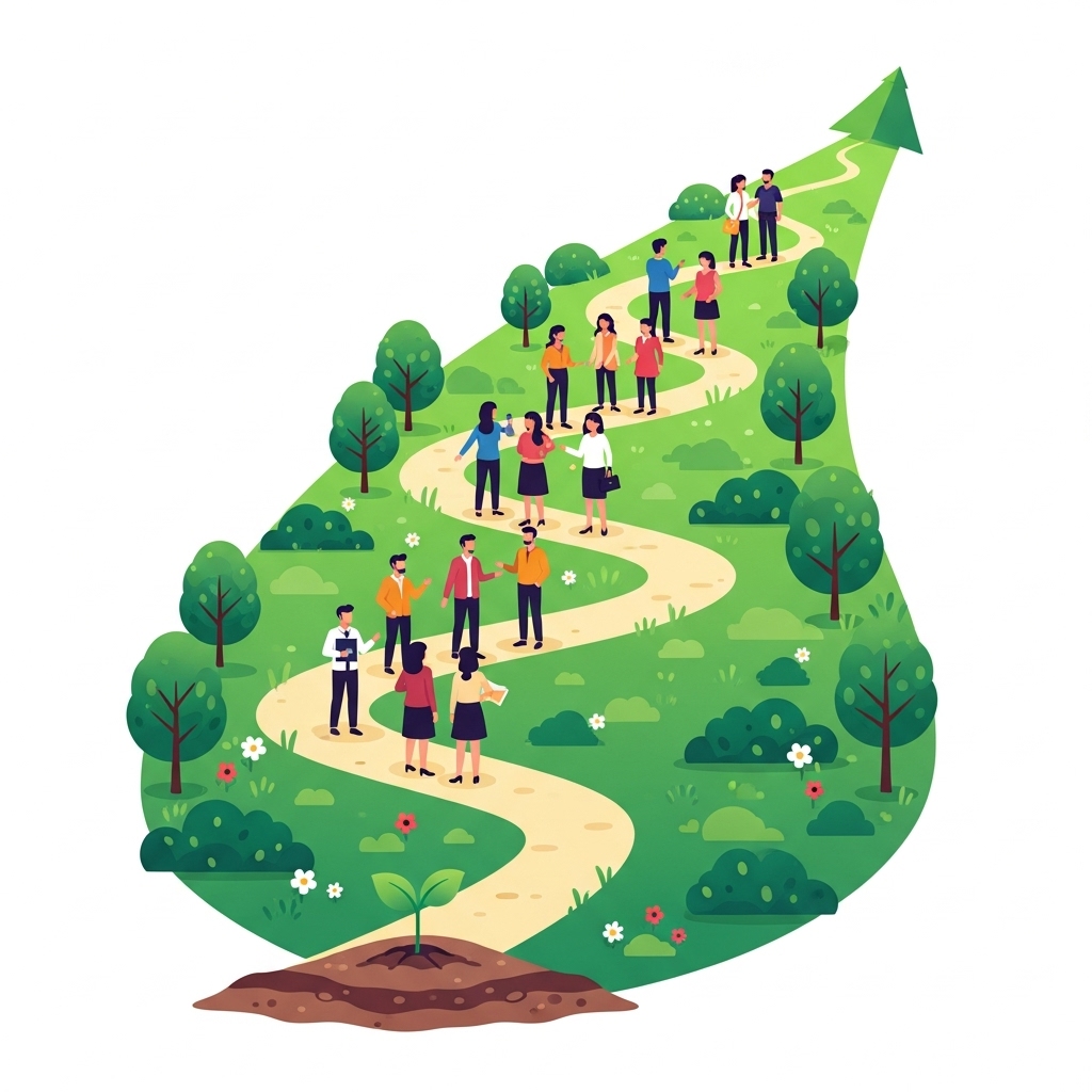 A vector illustration of the customer retention journey, showing a path that starts with a new customer as a seedling and grows into a loyal community of brand advocates.