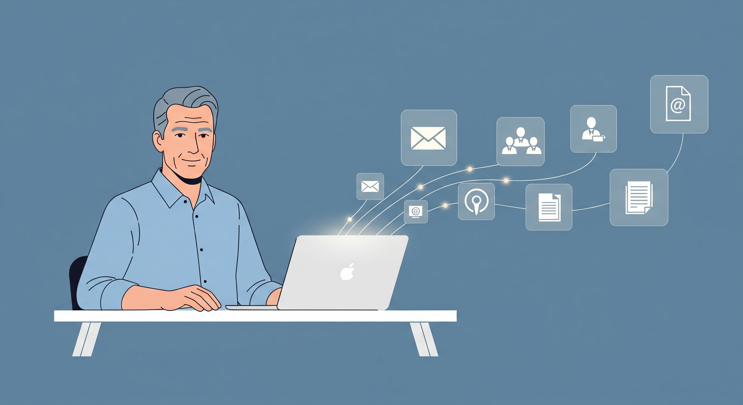 A vector graphic of a business owner looking at a laptop which shows interlinking automations